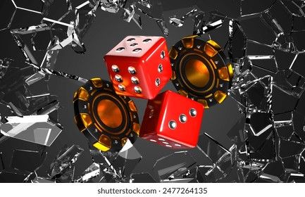 Dadu merah dan chip casino dengan efek pecahan kaca