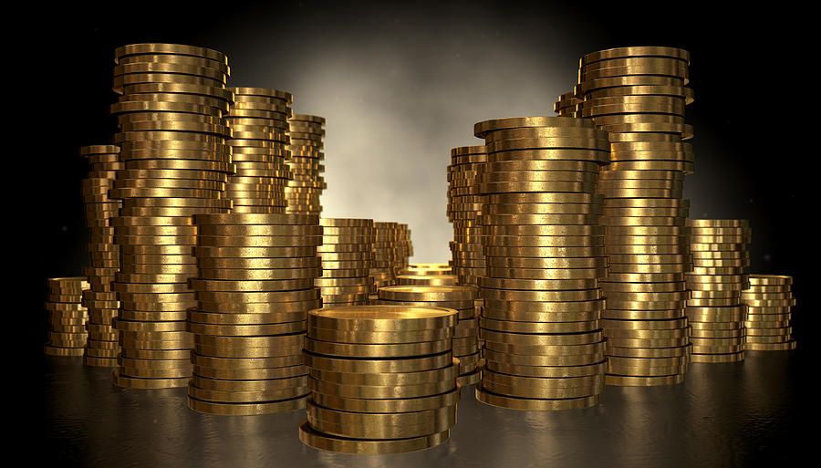 Tumpukan koin emas dengan latar gelap melambangkan bonus dan promosi